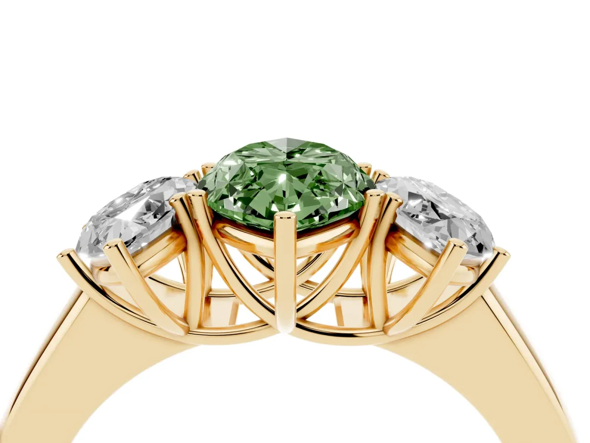 Fancy Green Three-Stone Marquise Cut Cut Diamond Ring with Prong Setting and Classic Band Yellow gold