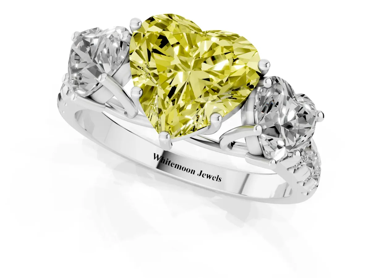 Fancy Yellow Three-Stone Heart Cut Diamond Pavé Band with Prong Setting Silver