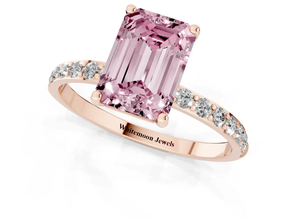 Fancy Pink Emerald Cut Diamond Solitaire Ring with Round Pavé Shoulders and Prong Setting Rose gold