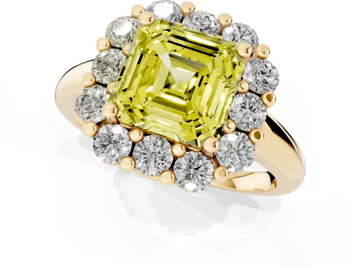 Fancy Yellow Asscher Cut Halo Cluster Diamond Engagement Ring with Prong Setting and Polished Band Yellow gold