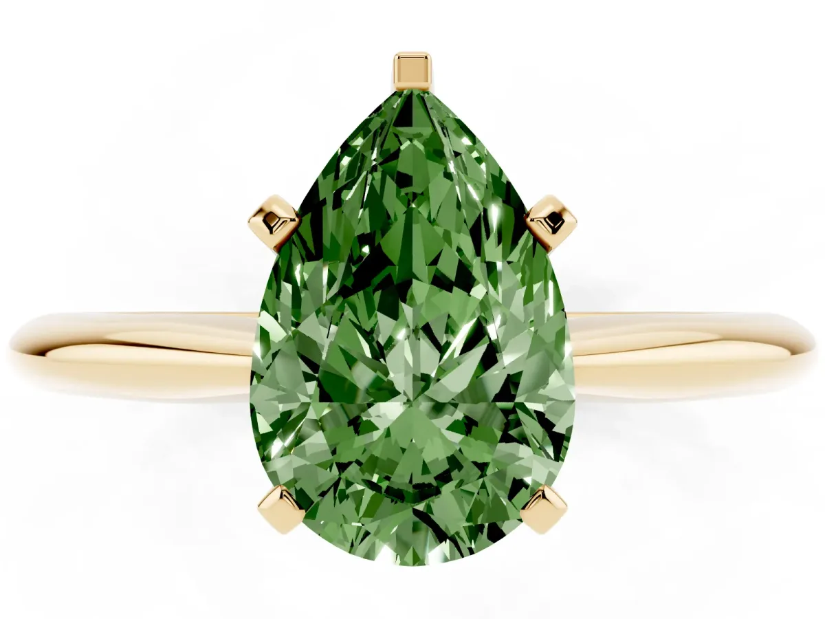 Fancy Green Pear Cut Cut Solitaire Ring with Four-Prong Setting on a Classic Band Yellow gold