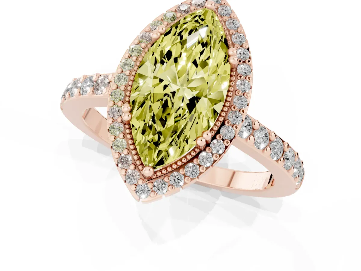 Fancy Yellow Marquise Cut Cut Diamond Halo Engagement Ring with Milgrain Detail and Pavé Band Rose gold