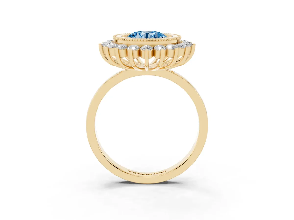 Fancy Blue Round Cut Halo Diamond Ring with Milgrain Edge and Round Prong Setting Yellow gold