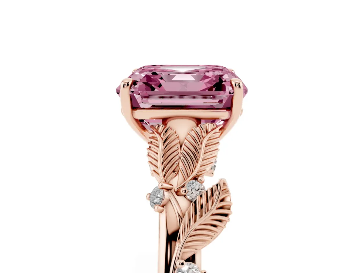 Fancy Pink Asscher Cut Diamond Solitaire Ring with Leaf Motif Band and Four-Prong Setting Rose gold