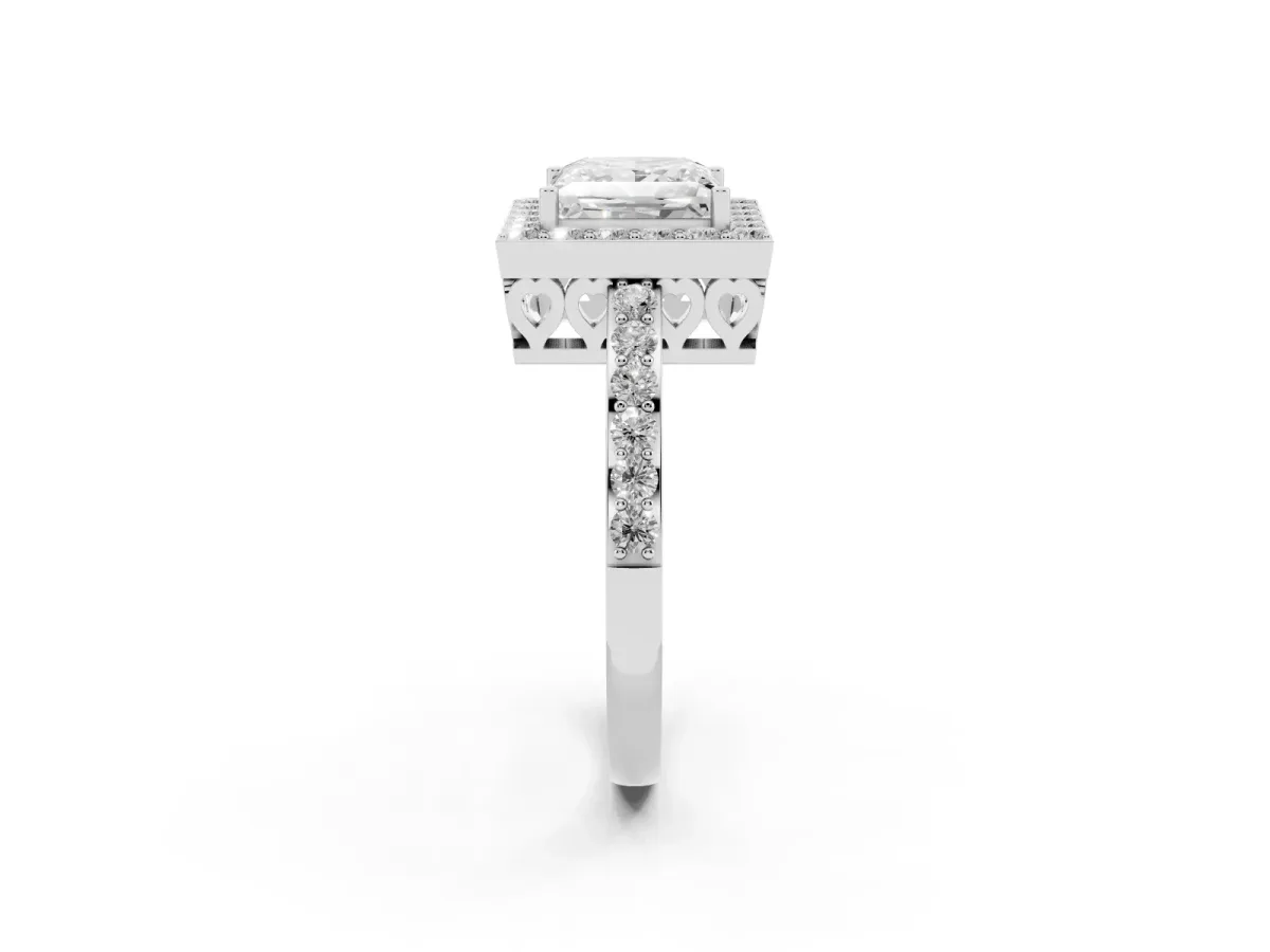 Princess Cut Halo Diamond Pavé Band Ring with Prong Setting Silver
