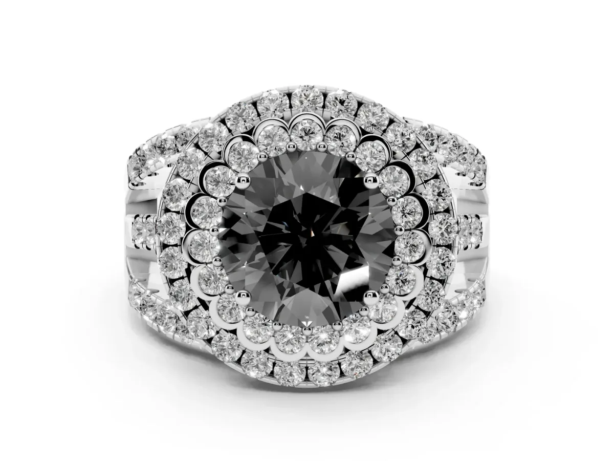 Fancy Black Round Cut Diamond Double Halo Ring with Round Pavé Split Shank and Prong Setting Silver