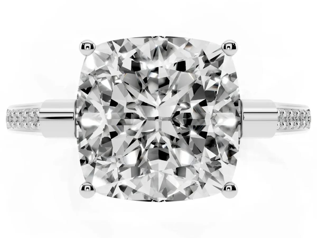 Cushion Cut Solitaire Diamond Ring with Channel Set Band and Bezel Prong Setting Silver