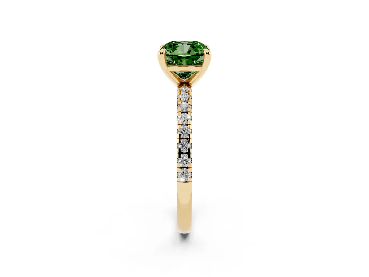 Fancy Green Cushion Cut Diamond Brilliant Solitaire Ring with Pavé Band and Four-Prong Setting Yellow gold