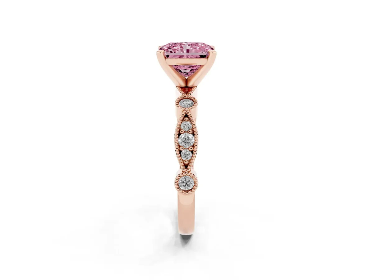 Fancy Pink Radiant Cut Milgrain Bezel Diamond Engagement Ring with Solitaire Prong Setting Rose gold