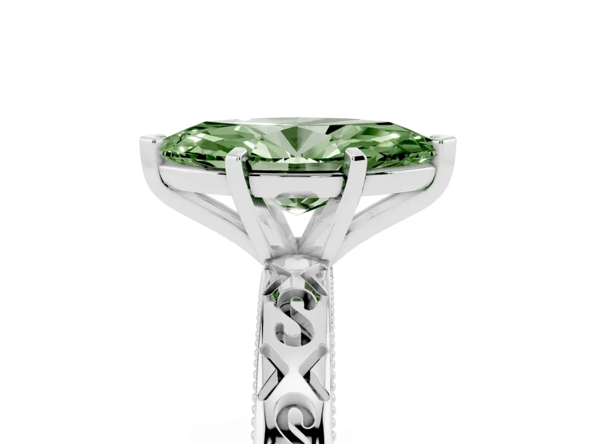Fancy Green Marquise Cut Solitaire Engagement Ring with Scrollwork Band and Four-Prong Setting Silver