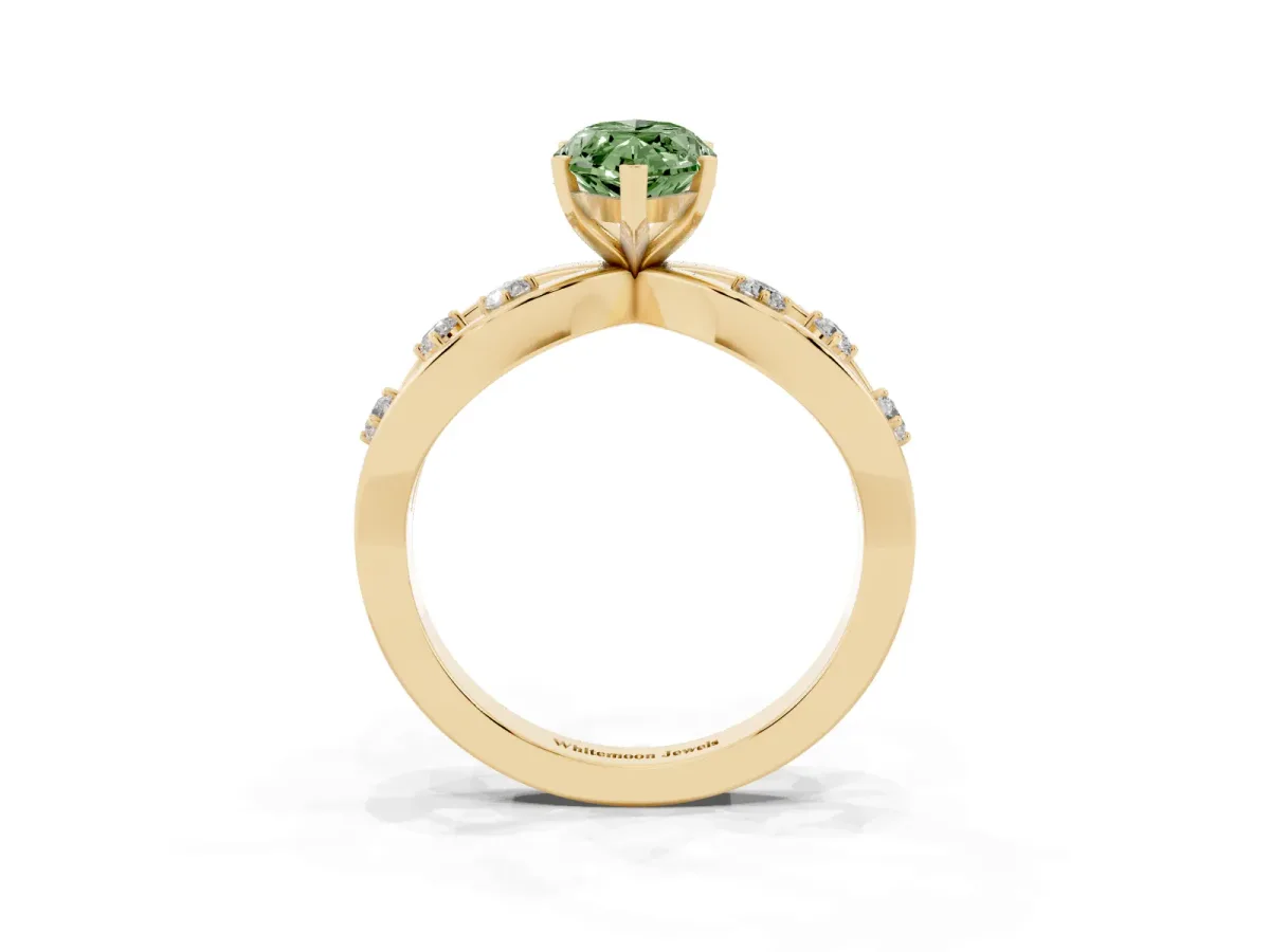 Fancy Green Marquise Cut Cut Solitaire Diamond with Side Stones on Criss-Cross Band and Four-Prong Setting Yellow gold