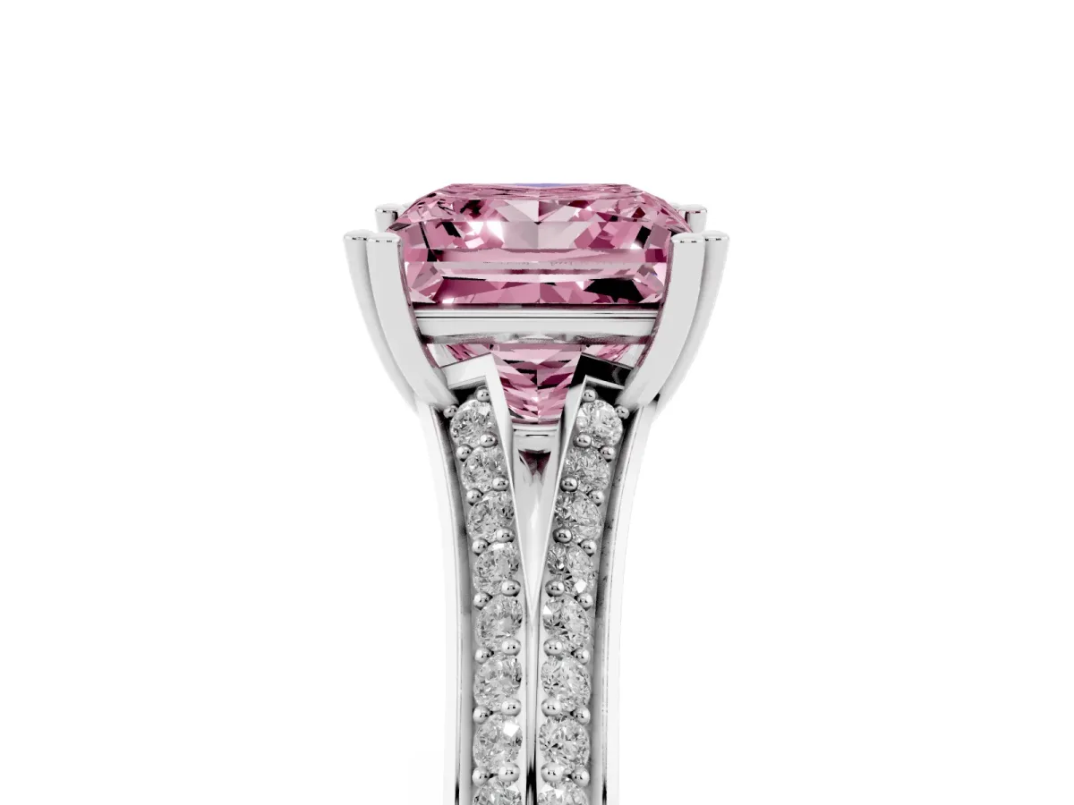 Fancy Pink Princess Cut Diamond Split Shank Engagement Ring with Pavé Band Platinum
