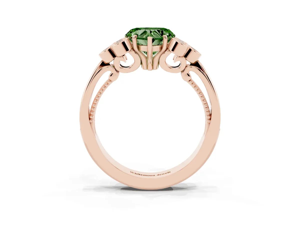 Fancy Green Heart Cut Cut Diamond Engagement Ring with Bezel Set Round Side Stones and Prong Setting Rose gold