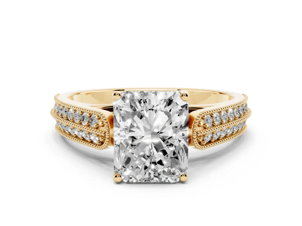 Radiant Cut Cut Pave Split Shank Engagement Ring with Four-Prong Setting Yellow gold