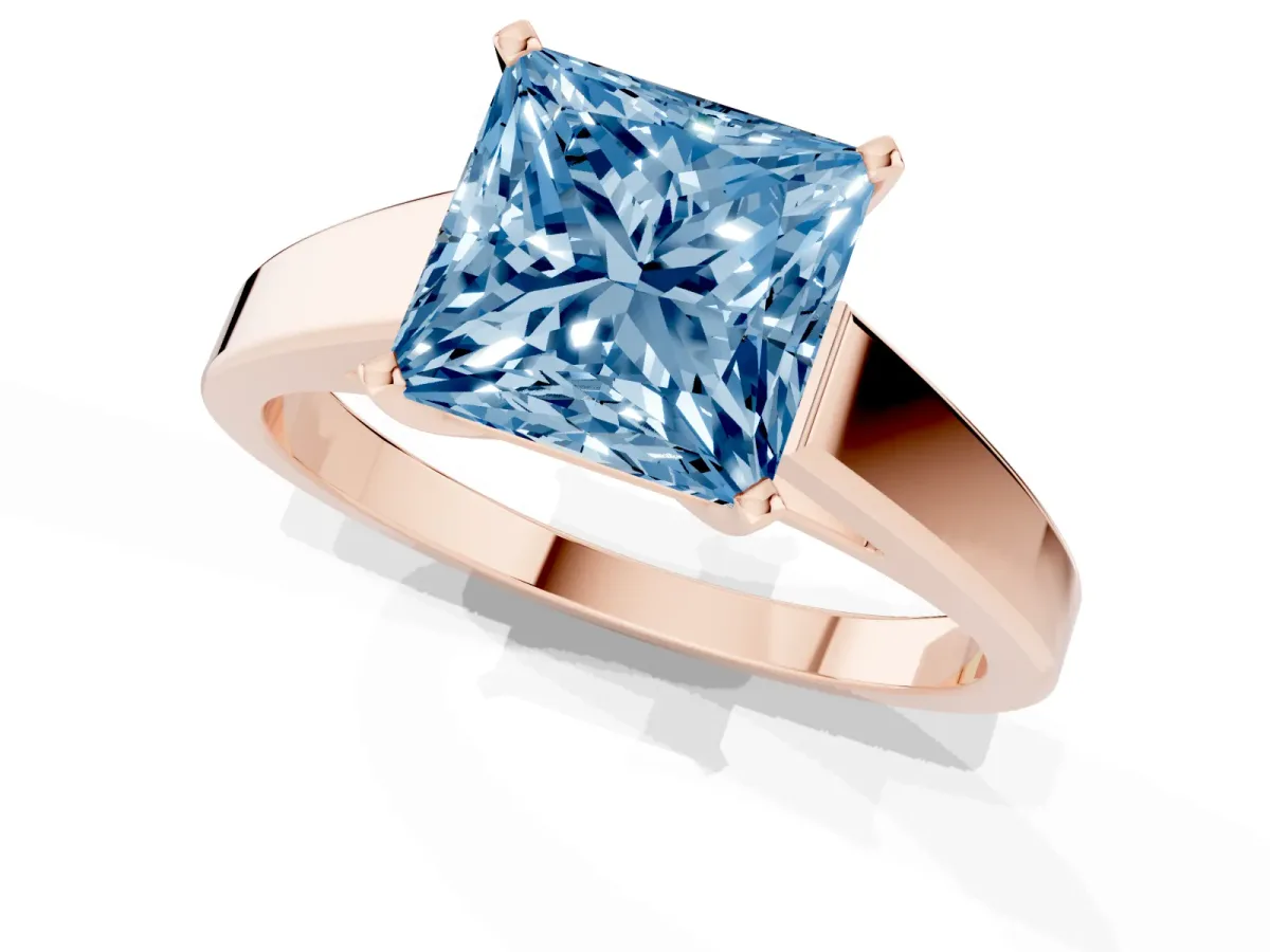 Fancy Blue Princess Cut Solitaire Engagement Ring with Four-Prong Setting and Tapered Band Rose gold