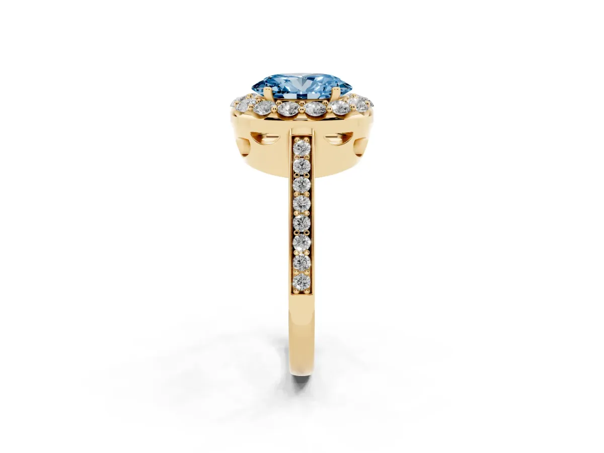 Fancy Blue Oval Cut Diamond Floral Halo Ring with Pavé Band and Prong Setting Yellow gold