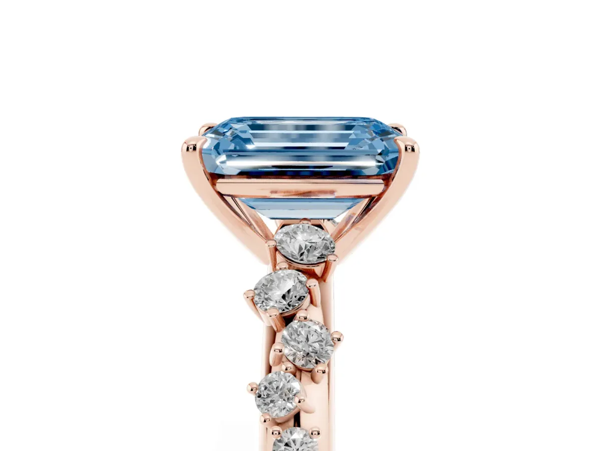 Fancy Blue Emerald Cut Diamond Cluster Side Stone Solitaire Ring with Prong Setting Rose gold