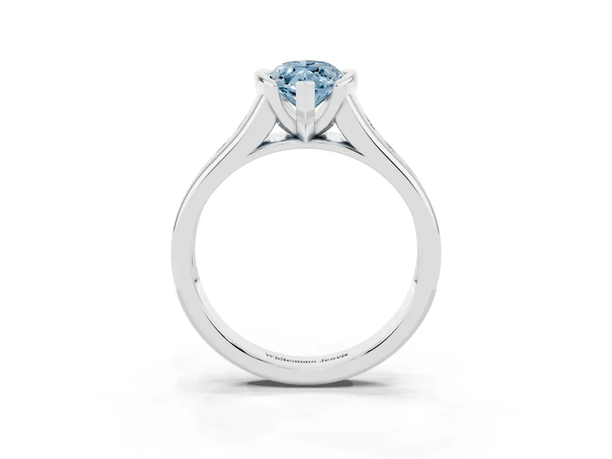 Fancy Blue Marquise Cut Solitaire Bezel-Set Diamond Ring with Channel-Set Band Silver