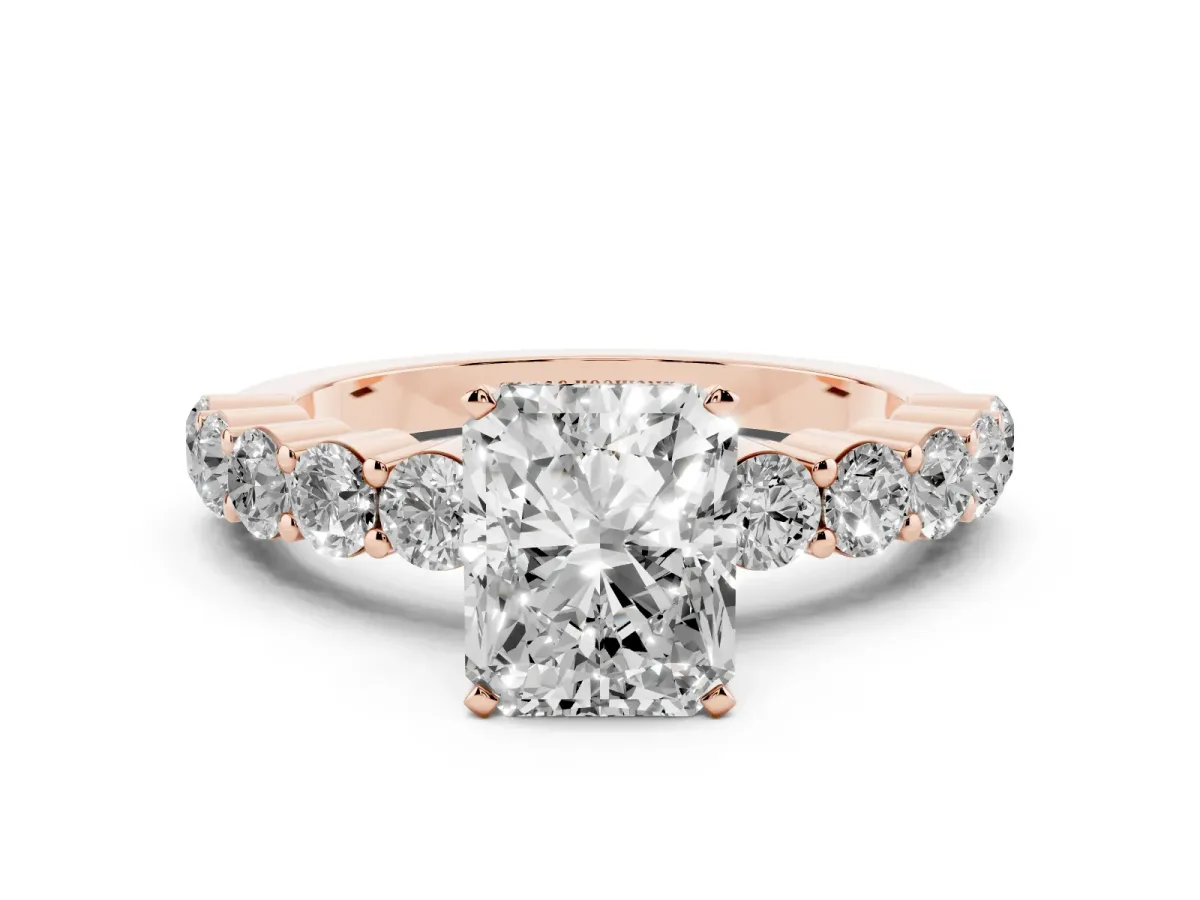 Radiant Cut Diamond Solitaire Ring with Shared Prong Round Side Stones Rose gold