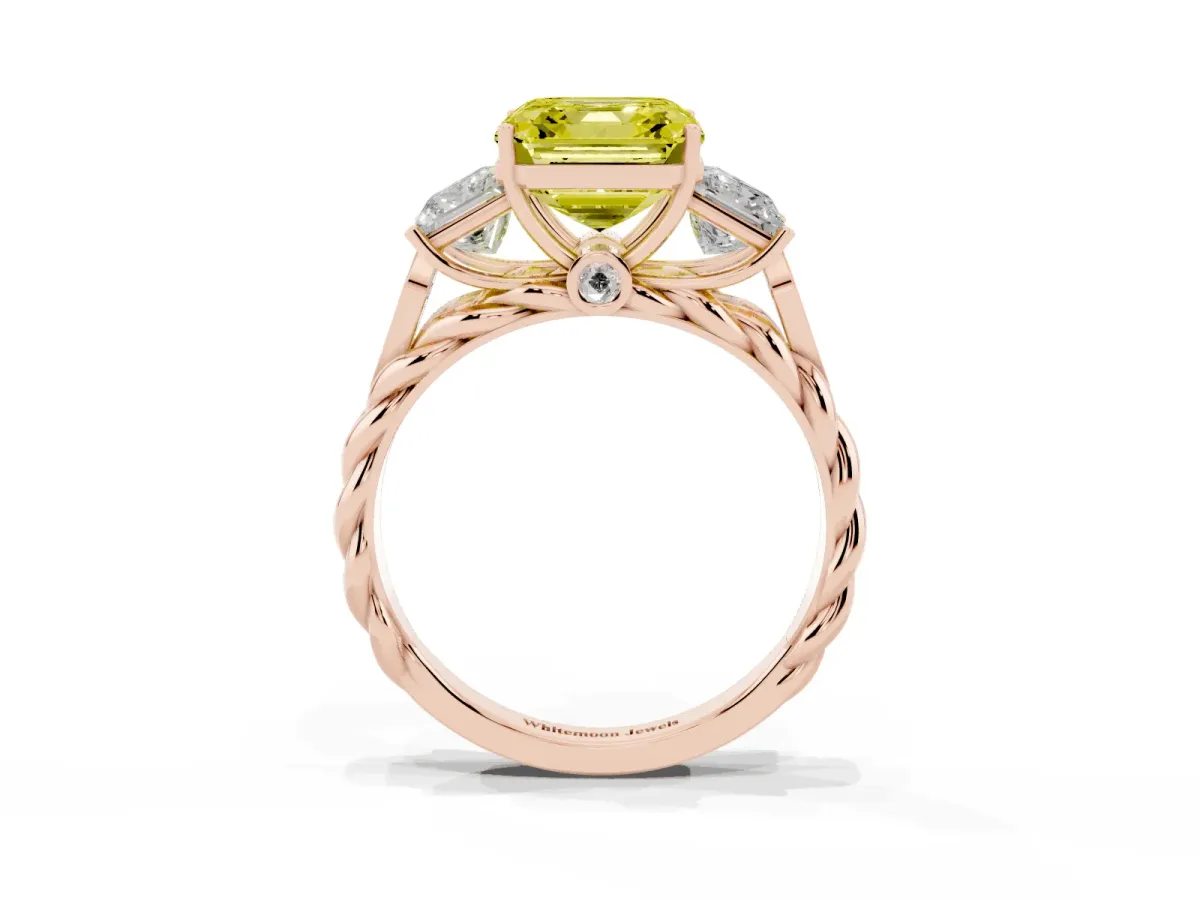 Fancy Yellow Three-Stone Asscher Cut Diamond Braided Band Ring with Four-Prong Setting Rose gold