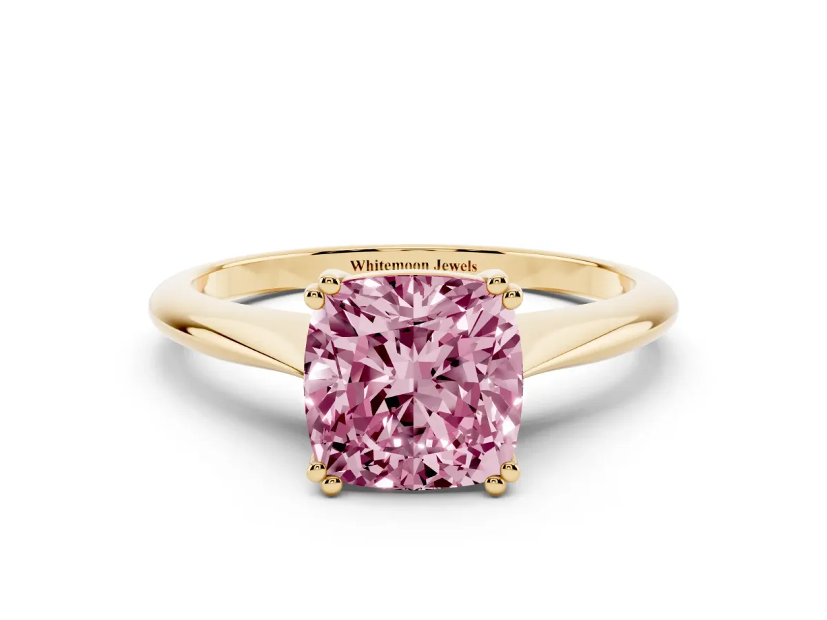 Fancy Pink Cushion Cut Solitaire Diamond Ring with Six-Prong Setting and Classic Band Yellow gold