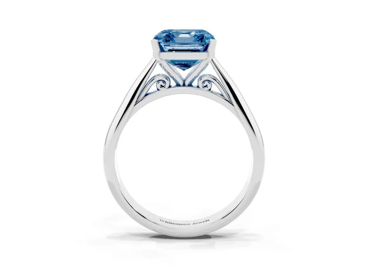 Fancy Blue Asscher Cut Diamond Solitaire Engagement Ring with Cathedral Setting and Four-Prong Mount Silver