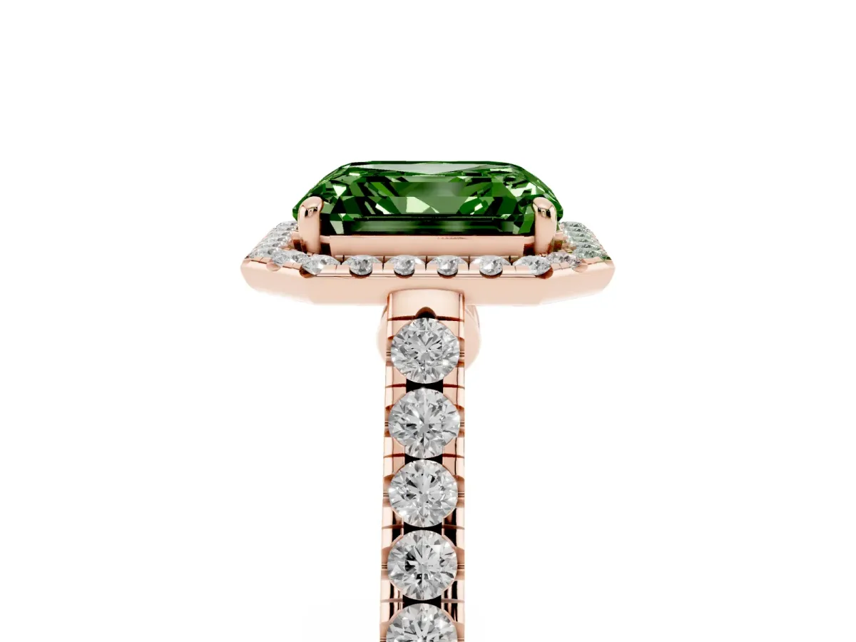 Fancy Green Asscher Cut Halo Pave Diamond Engagement Ring with Four-Prong Setting Rose gold