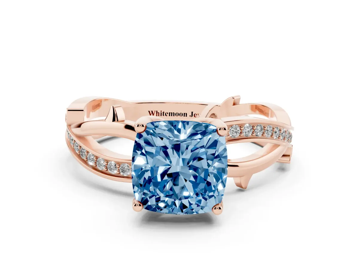 Fancy Blue Cushion Cut Solitaire Twist Band with Pavé Accents and Four-Prong Setting Rose gold
