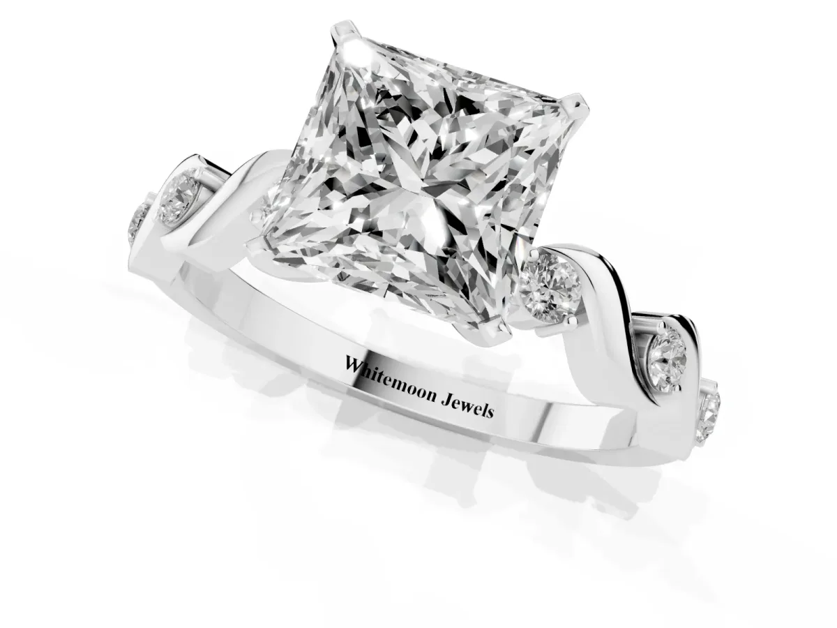Princess Cut Diamond Solitaire Twisted Band with Round Accents and Prong Setting White gold
