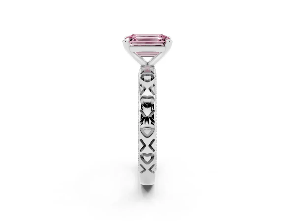Fancy Pink Emerald Cut Solitaire Diamond Engagement Ring with XO Engraved Band and Four-Prong Setting Silver