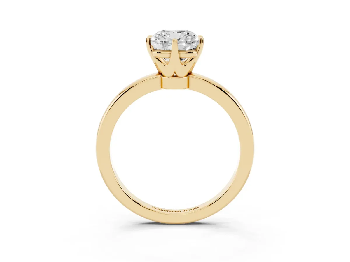 Cushion Cut Solitaire Diamond Ring with Six-Prong Setting on a Classic Band Yellow gold