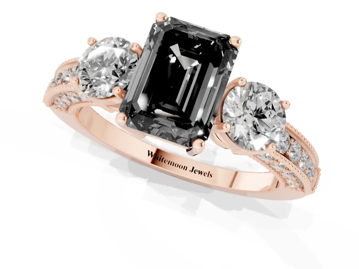 Fancy Black Emerald Cut Three-Stone Diamond Ring with Pavé Band and Four-Prong Setting Rose gold