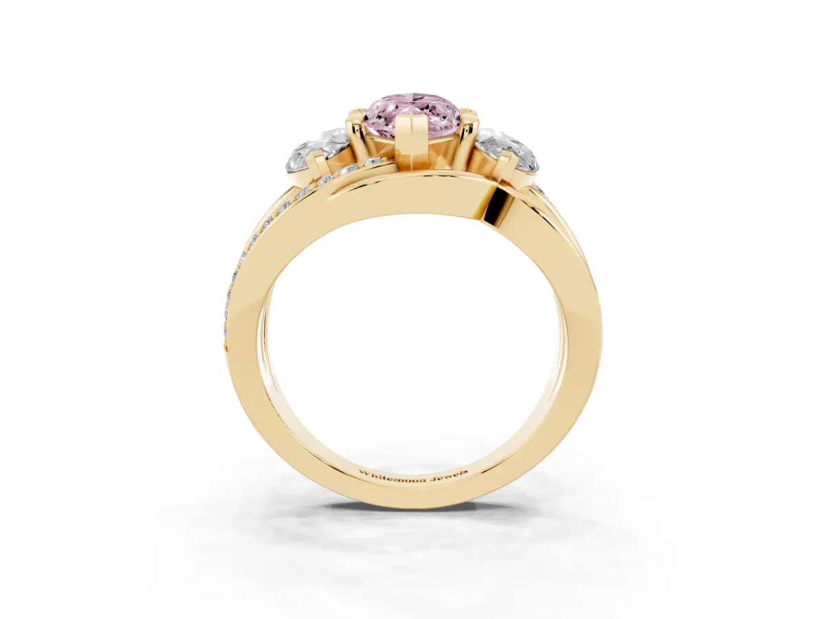 Fancy Pink Three-Stone Marquise Cut Cut Diamond Split Shank Prong Set Ring Yellow gold
