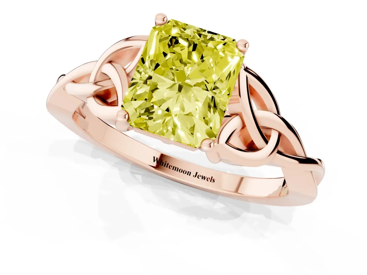 Fancy Yellow Radiant Cut Diamond Solitaire Engagement Ring with Celtic Knot Band and Four-Prong Setting Rose gold