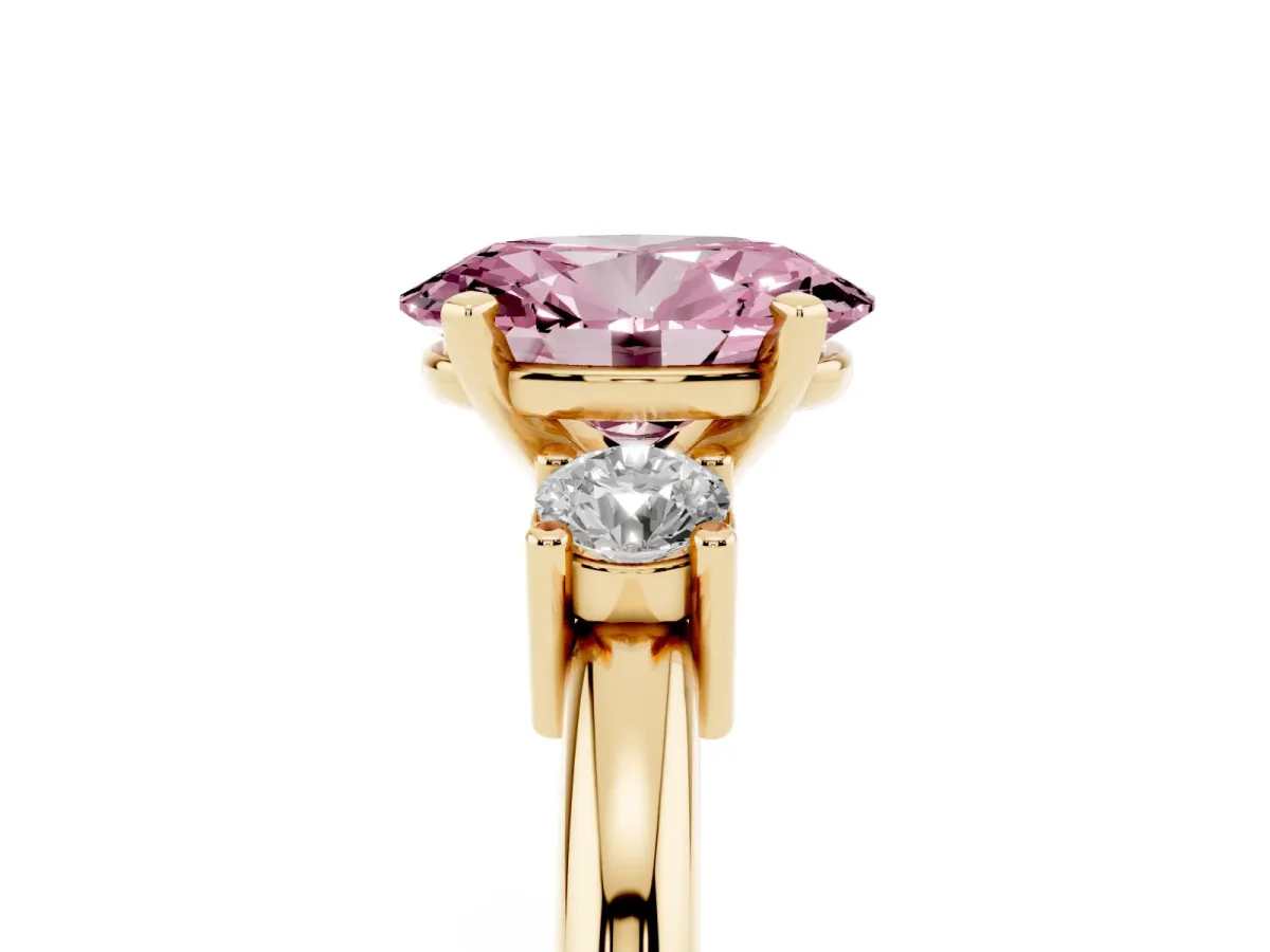 Fancy Pink Three-Stone Oval Cut Cut Diamond Solitaire with Prong Setting and Classic Band Yellow gold
