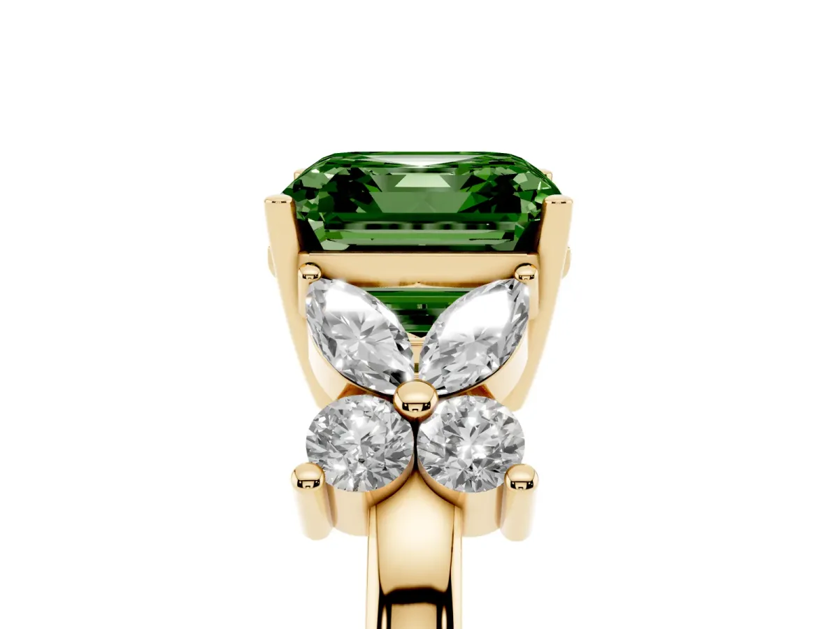 Fancy Green Asscher Cut Diamond Floral Cluster Ring with Solitaire Band and Prong Setting Yellow gold