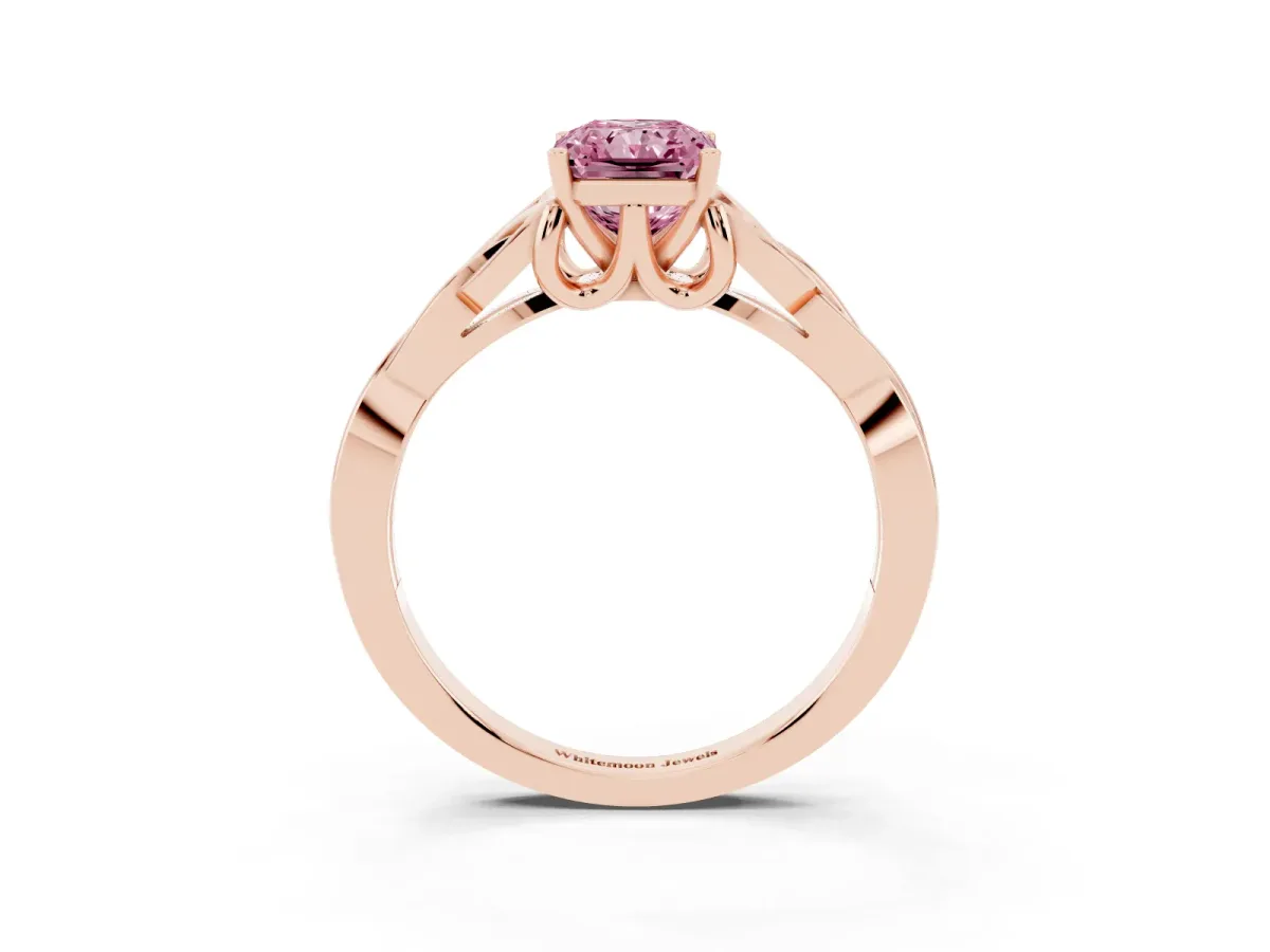 Fancy Pink Radiant Cut Diamond Solitaire Engagement Ring with Celtic Knot Band and Four-Prong Setting Rose gold