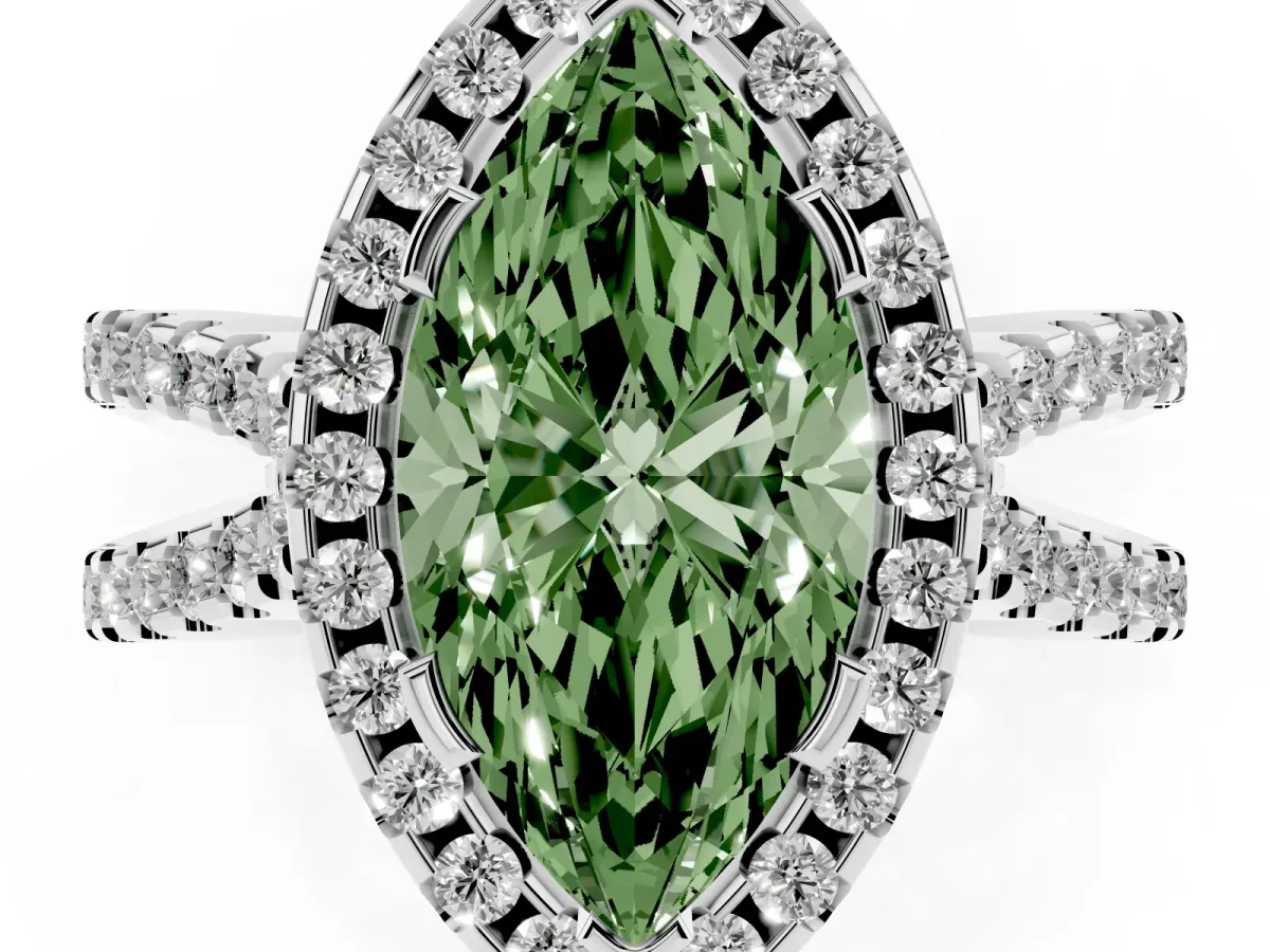 Fancy Green Marquise Cut Diamond Halo Ring with Split Shank Pavé Band and Prong Setting Silver