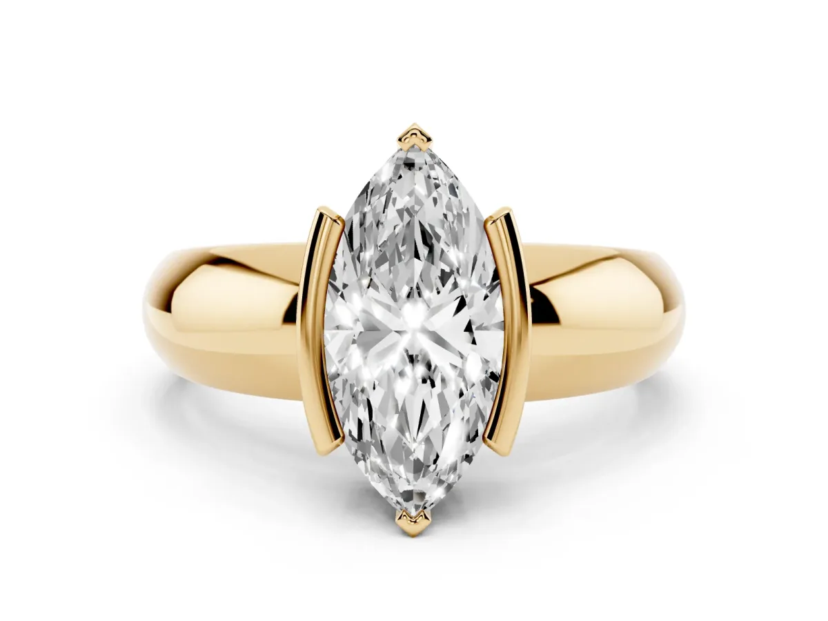 Marquise Cut Solitaire Tension Set Diamond Ring with Wide Band Yellow gold