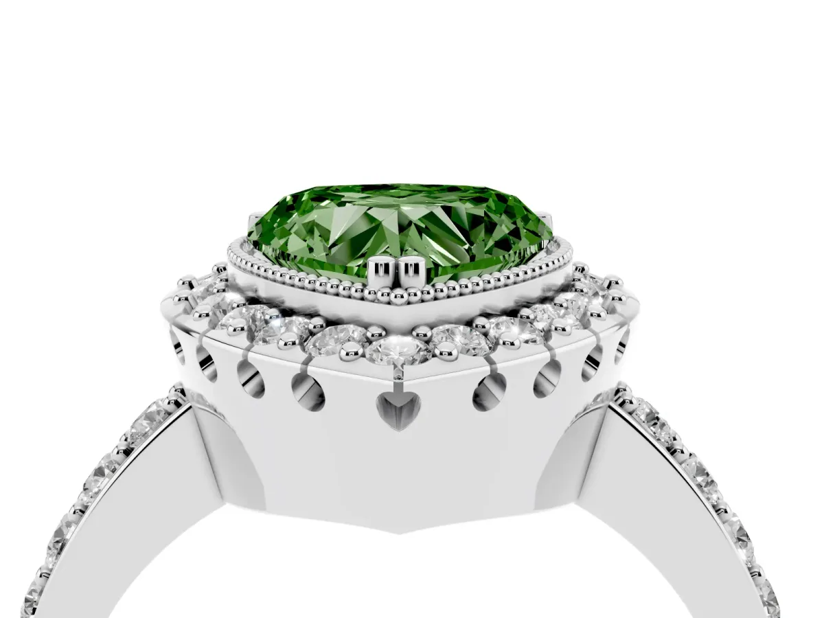 Fancy Green Heart Cut Diamond Halo Ring with Pavé Band and Prong Setting Platinum
