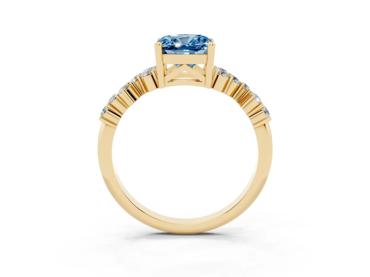 Fancy Blue Cushion Cut Diamond Scattered Round Accent Ring with Prong Setting Yellow gold