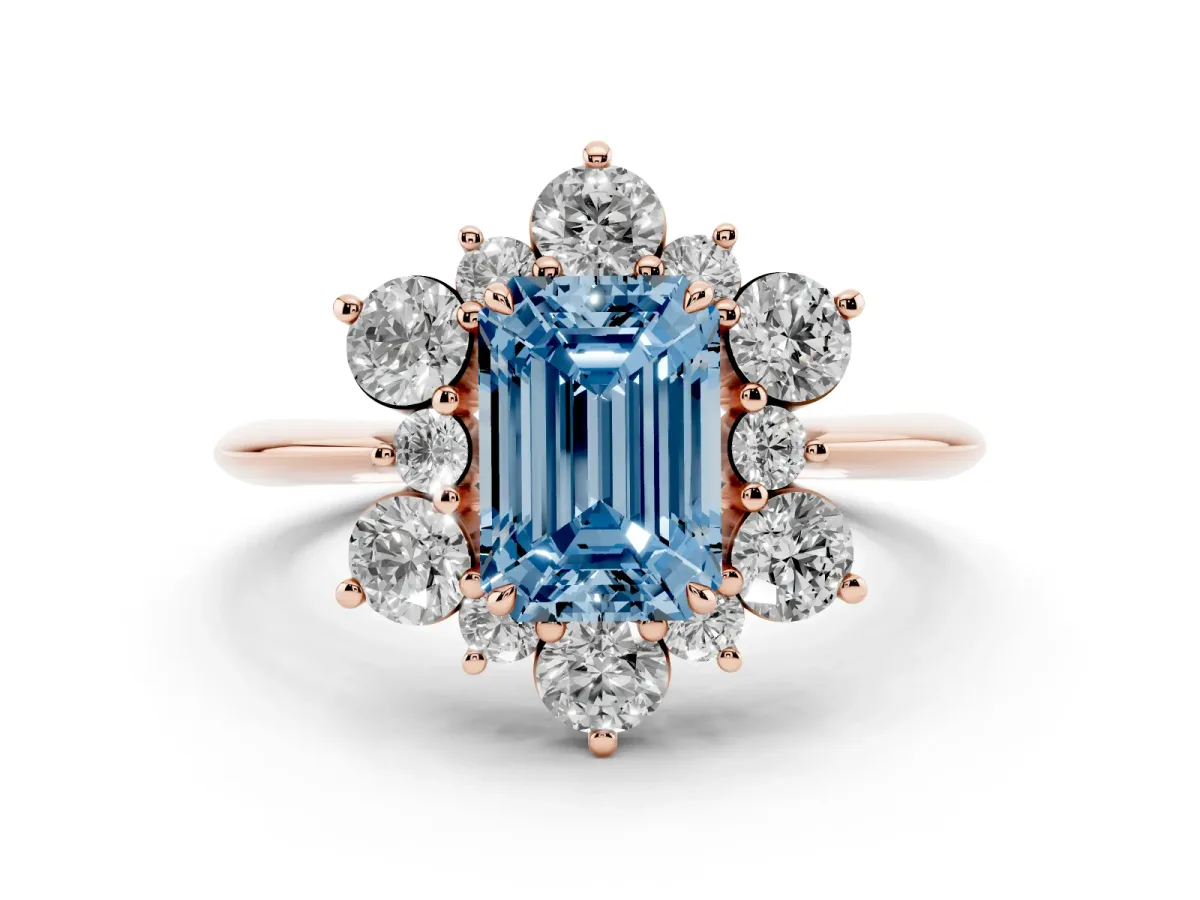 Fancy Blue Emerald Cut Diamond Cluster Halo Ring with Solitaire Band and Four-Prong Setting Rose gold