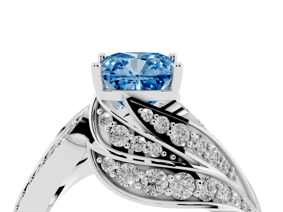 Fancy Blue Cushion Cut Diamond Solitaire Ring with Prong Setting and Twisted Pavé Band Silver