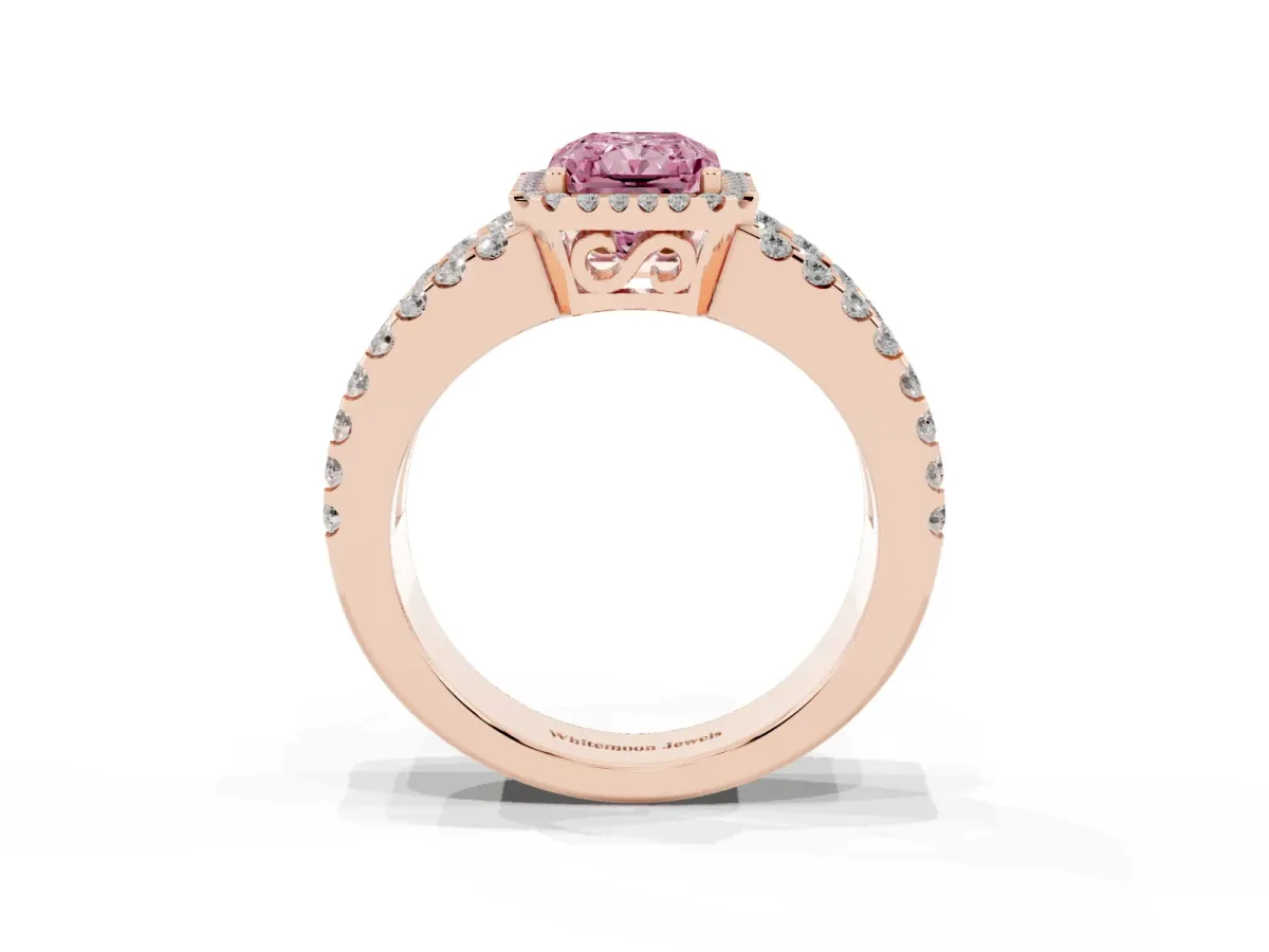 Fancy Pink Radiant Cut Cut Halo Split Shank Diamond Ring with Four-Prong Setting Rose gold
