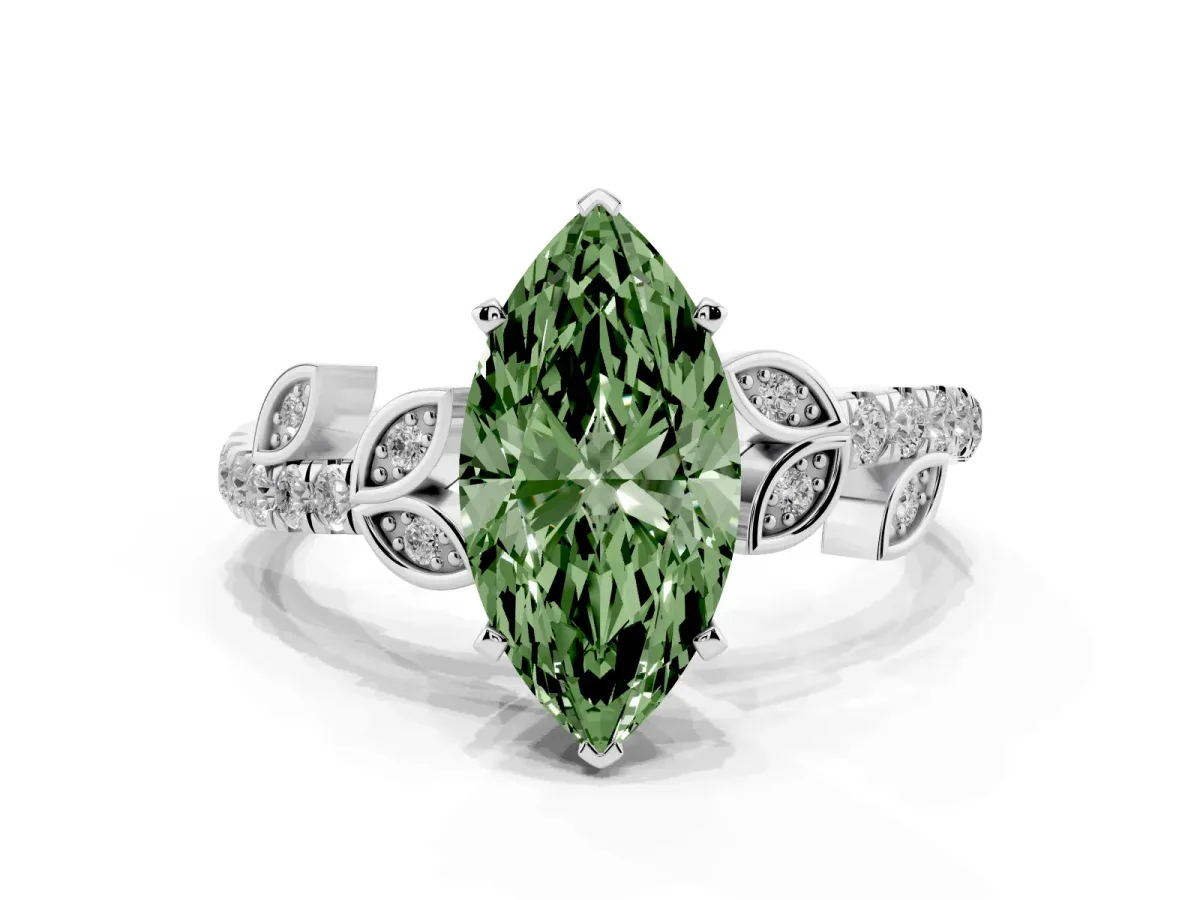 Fancy Green Marquise Cut Solitaire Leaf-Inspired Diamond Ring with Pavé Band and Four-Prong Setting Silver