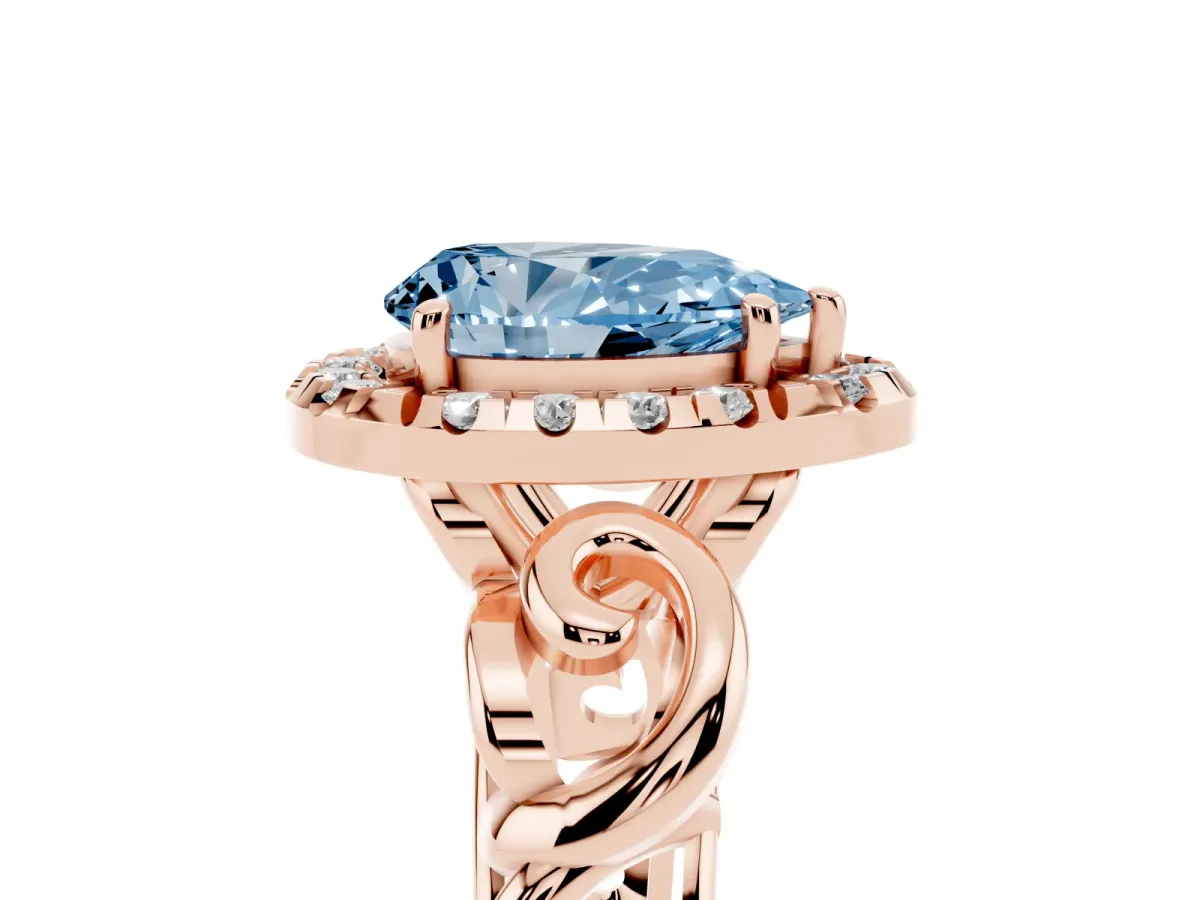Fancy Blue Pear Cut Cut Halo Diamond Ring with Scrollwork Band and Four-Prong Setting Rose gold