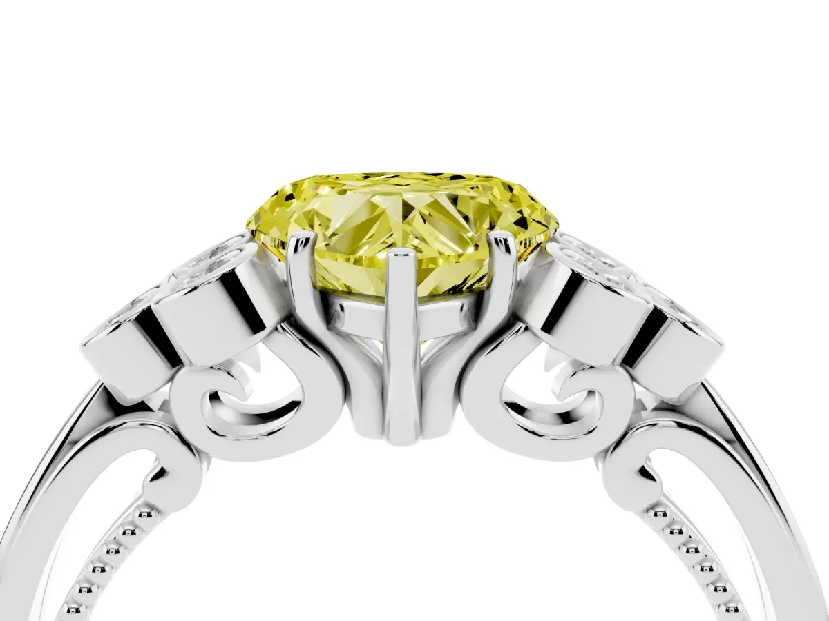 Fancy Yellow Heart Cut Cut Diamond Engagement Ring with Bezel Set Round Side Stones and Prong Setting White gold