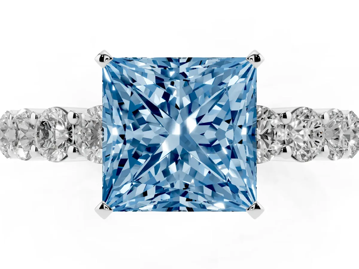 Fancy Blue Princess Cut Diamond Solitaire Ring with Shared Prong Round Side Stones Platinum