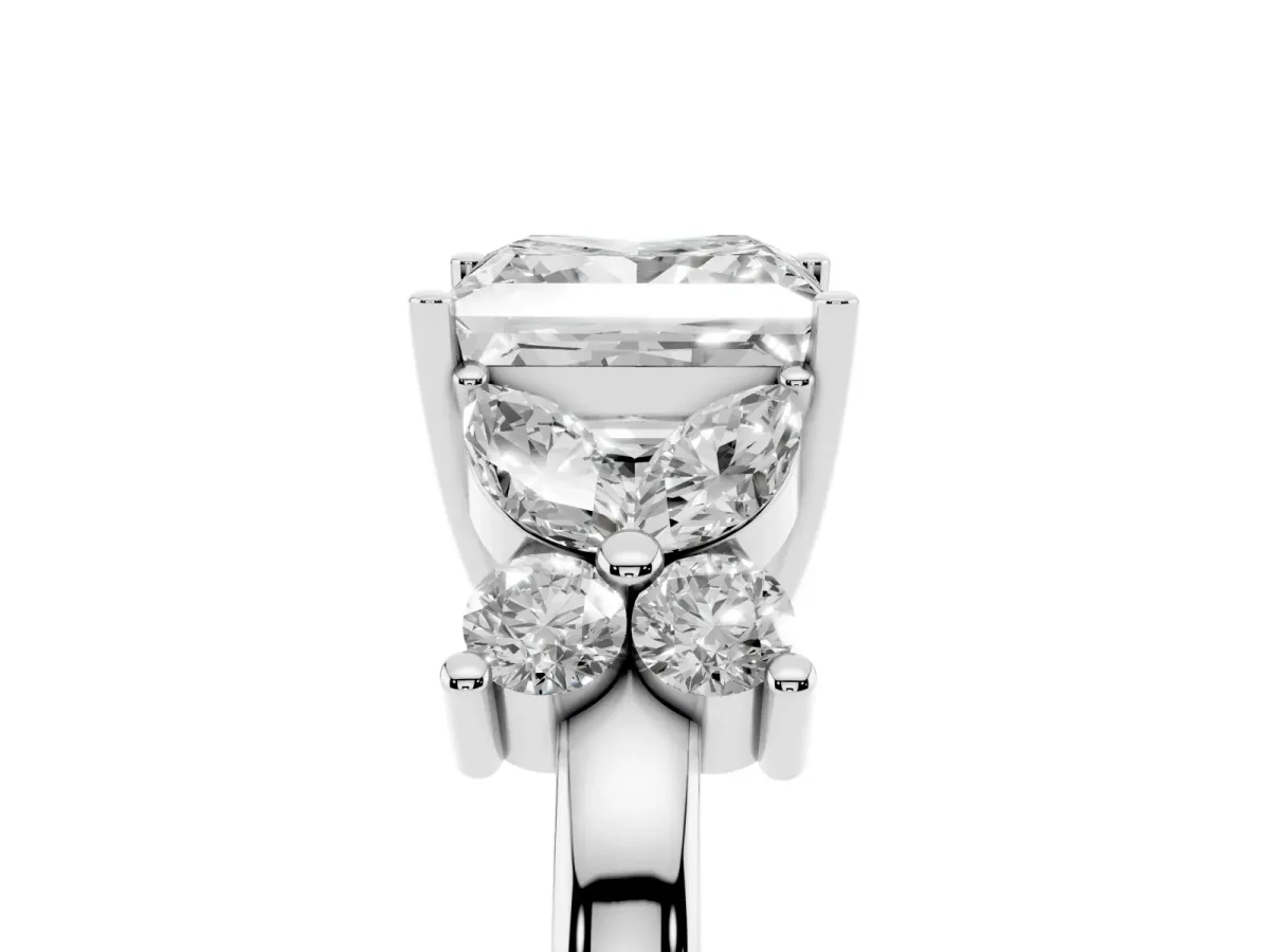 Princess Cut Diamond Floral Cluster Ring with Solitaire Band and Prong Setting Platinum