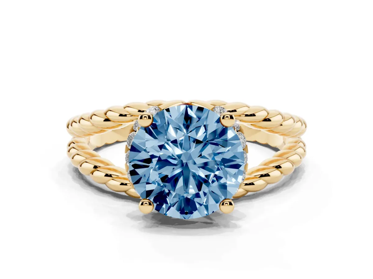 Fancy Blue Round Cut Halo Twisted Band Four-Prong Ring Yellow gold